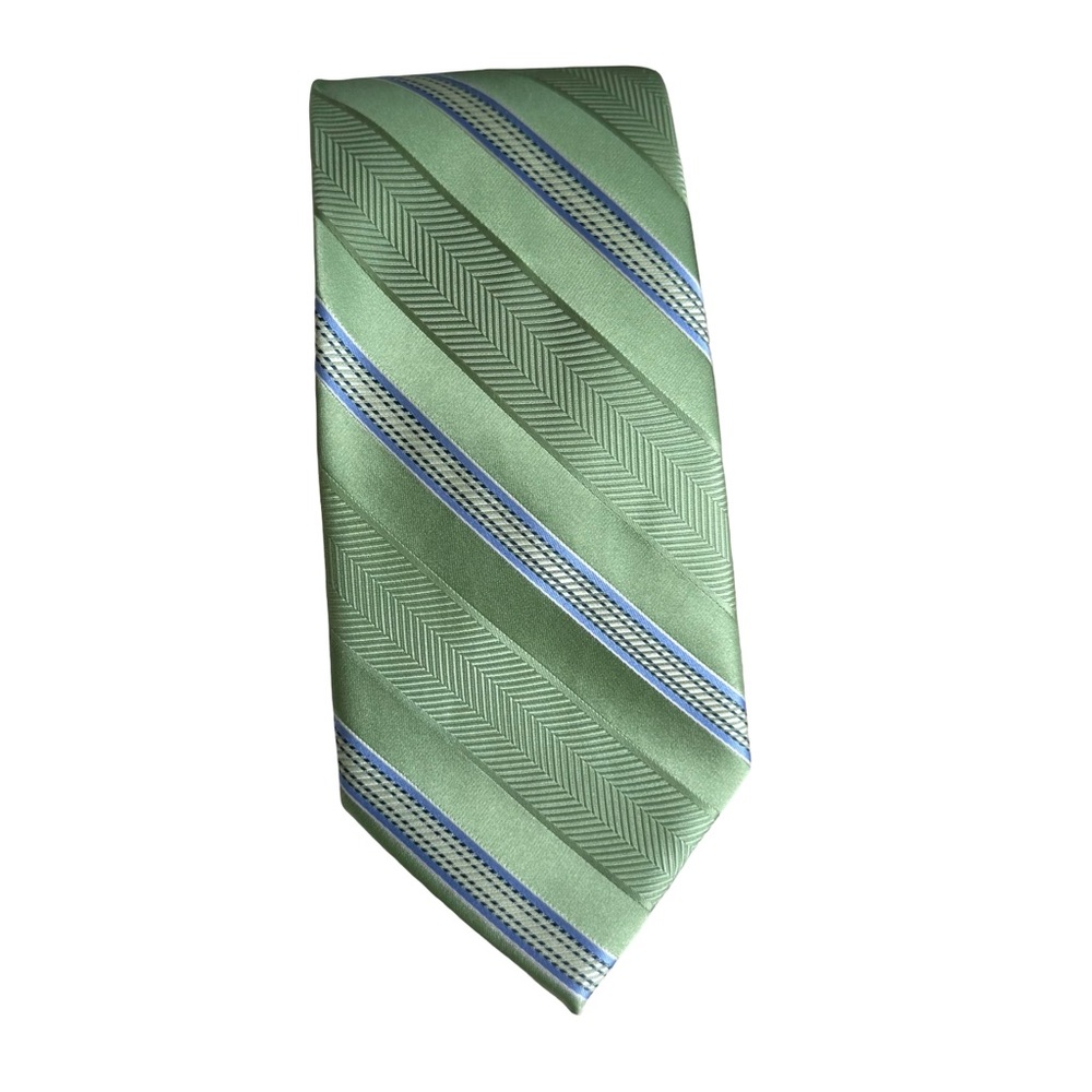 Michael Kors 100% silk men’s necktie in green and blue/white/black stripes